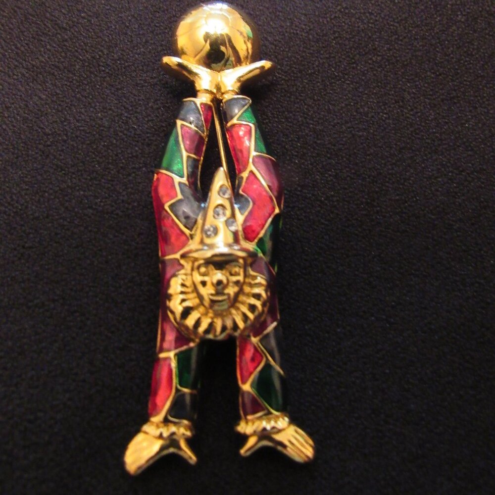 Vintage Swarovski Crystal Harlequin Clown Brooch Gold Tone Enamel Pin
